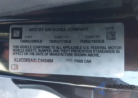 2020 Chevrolet Spark Fwd 1Lt Automatic z USA, uszkodzony, nr VIN KL8CD6SAXLC445464